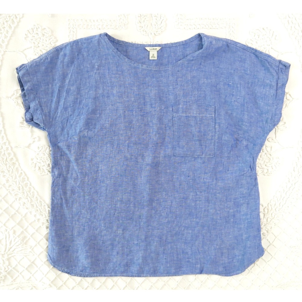 LL Bean Linen Top Womens Medium Blue Chambray Woven Pocket Tee Crop Boxy